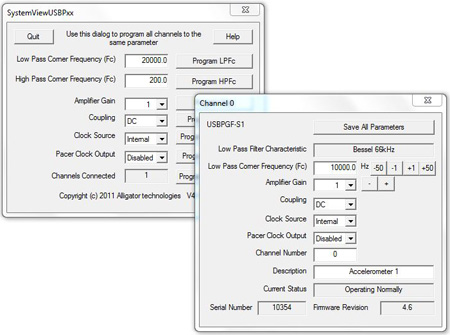 Software for control of USB programmable band pass filter with software controlled 8-pole Butterworth, Bessel, Linear Phase, or Cauer-Elliptic low pass filter, and 4-pole Butterworth or Bessel high pass filter, with variable gain instrumentation amplifier.  With GUI, SDK and API.