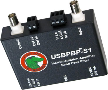 USBPBP-S1 band pass filter with software controlled 8-pole Butterworth, Bessel, Linear Phase, or Cauer-Elliptic low pass filter, and 4-pole Butterworth or Bessel high pass filter, with variable gain instrumentation amplifier.